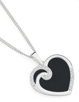 Sterling-Silver-Onyx-Cubic-Zirconia-Swirl-Heart-Pendant on sale