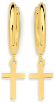 9ct-Gold-15x10mm-Hoop-Earrings-with-Cross-Drop on sale