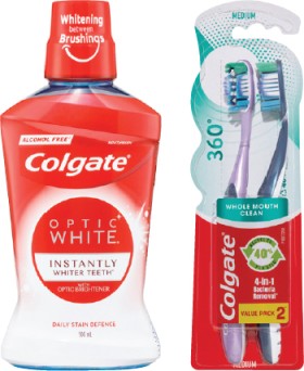 Colgate-Optic-White-Mouthwash-500mL-360-Toothbrush-2-Pack-or-Optic-White-Toothpaste-100g-Selected-Varieties on sale