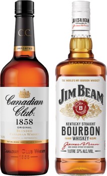 Canadian-Club-Whisky-or-Jim-Beam-White-Label-Bourbon-1-Litre on sale