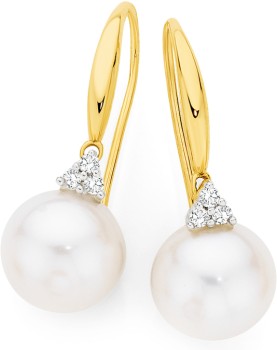 9ct-Gold-Cultured-Freshwater-Pearl-10ct-Diamond-Hook-Earrings on sale