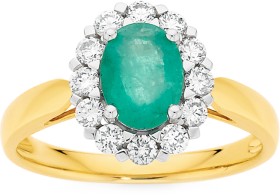 9ct-Gold-Emerald-050ct-Diamond-Oval-Cluster-Ring on sale