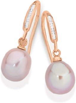 9ct-Rose-Gold-Pink-Cultured-Freshwater-Pearl-Diamond-Hook-Earrings on sale