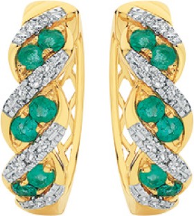 9ct-Gold-Natural-Emerald-Diamond-Huggie-Earrings on sale