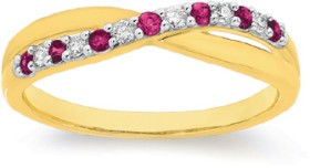 9ct-Gold-Natural-Ruby-10ct-Diamond-Crossover-Ring on sale