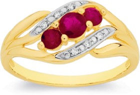 9ct-Gold-Natural-Ruby-Diamond-Trilogy-Ring on sale