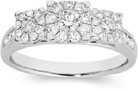 9ct-White-Gold-Diamond-Cluster-Trilogy-Ring on sale