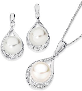 Sterling-Silver-Cultured-Freshwater-Pearl-Cubic-Zirconia-Pear-Twist-Drop-Earrings-Pendant-Set on sale
