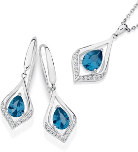 Sterling-Silver-Pear-Blue-Spinel-Cubic-Zirconia-Hook-Earrings-Pendat-Set on sale