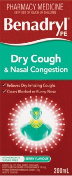 Benadryl-PE-Cough-Liquid-Dry-Cough-Nasal-Decongestant-200ml on sale