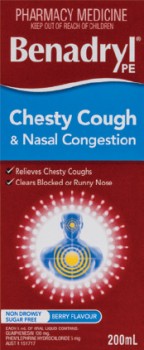 Benadryl-PE-Cough-Liquid-Chesty-Cough-Nasal-Decongestant-200ml on sale