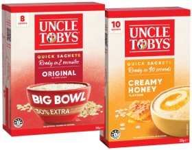 Uncle-Tobys-Rolled-Oats-Quick-Sachets-Delicious-Blends-or-Hi-Fibre-810-Pack-Selected-Varieties on sale