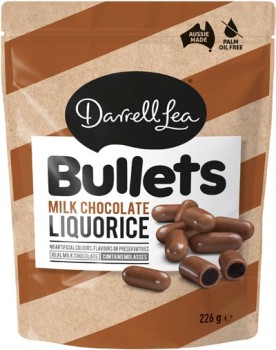 Darrell-Lea-Milk-Chocolate-Liquorice-Bullets-226g on sale