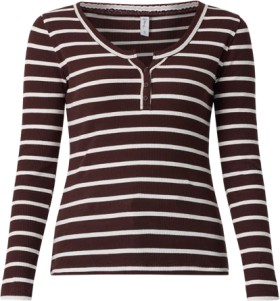 me-Womens-Long-Sleeve-Henley-Top-Brown-White on sale