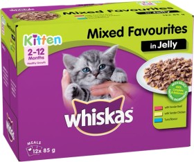 Whiskas-12-Pack-Mixed-Favourites-Cat-or-Kitten-Food-Pouch-Varieties-85g on sale