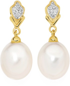 9ct-Gold-Cultured-Freshwater-Diamond-Drop-Earrings on sale