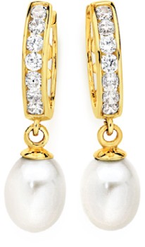 9ct-Gold-Cultured-Freshwater-Pearl-on-a-Cubic-Zirconia-Hoop-Earrings on sale