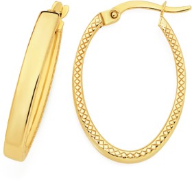 9ct-Gold-20mm-Patterned-Edge-Square-Tube-Oval-Hoop-Earrings on sale