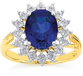 9ct-Gold-Created-Blue-Sapphire-and-Diamond-Ring on sale