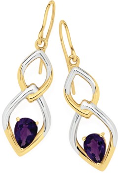 9ct-Gold-2-Tone-Amethyst-Hollow-Hook-Earrings on sale