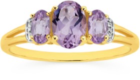 9ct-Gold-Pink-Amethyst-Diamond-Oval-Cut-Trilogy-Ring on sale