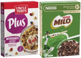 Nestl-Milo-350g-or-Uncle-Tobys-Plus-Cereal-410g-435g on sale