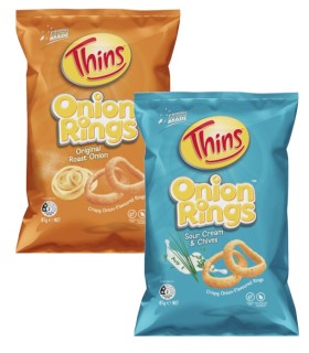 NEW-Thins-Onion-Rings-85g on sale