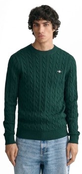 Gant-Cotton-Cable-Crew-Neck-Knit-Tartan-Green on sale