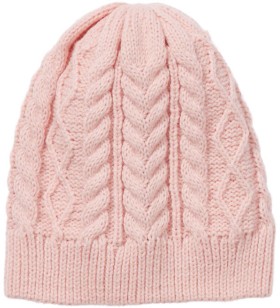 me-Cable-Knit-Beanie-Pink on sale