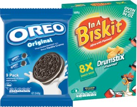Oreo-Cookies-204-248g-or-In-A-Biskit-Drumstix-Snack-Bags-168g-Selected-Varieties on sale