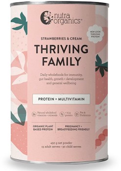 Nutra-Organics-Thriving-Family-Protein-Strawberries-Cream-450g on sale