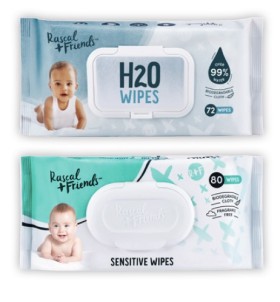 Rascal-Friends-H2O-Baby-Wipes-72-Pack-or-Sensitive-Wipes-80-Pack on sale