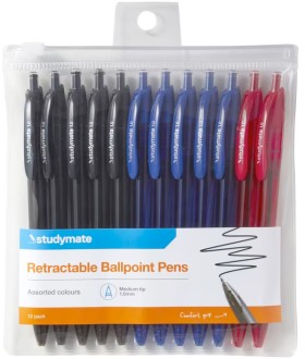 Studymate-Retractable-Ballpoint-Pens-1mm-Assorted-12-Pack on sale