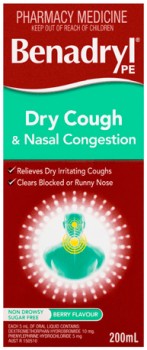 Benadryl-PE-Dry-Cough-Nasal-Congestion-Cough-Liquid-200mL on sale
