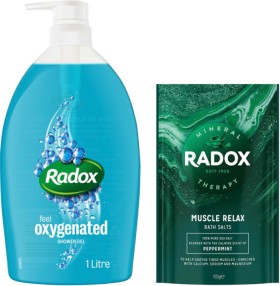 12-Price-on-Radox-Feel-Oxygenated-Shower-Gel-1-Litre-or-Bath-Salt-Muscle-Relax-900g on sale