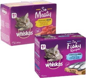Whiskas-12-Pack-So-Meaty-or-Fishy-Cat-Food-Pouch-Varieties-85g on sale