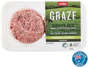 Coles-GRAZE-Grass-Fed-Beef-Burgers-500g on sale