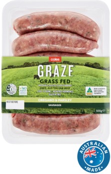 Coles-GRAZE-Grass-Fed-Beef-Sausages-500g on sale