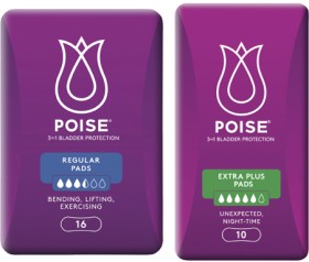 Poise-Pads-For-Bladder-Leaks-Regular-16-Pack-or-Extra-Plus-10-Pack on sale