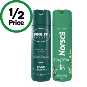 Brut-24-Hour-Antiperspirant-or-Norsca-Deodorant-130g on sale