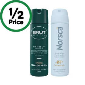 Brut-72-Hour-Antiperspirant-Deodorant-or-Norsca-Australian-Series-Deodorant-130g on sale