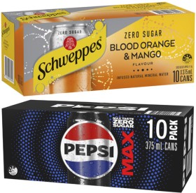 Pepsi-Solo-or-Schweppes-Soft-Drink-or-Schweppes-Infused-Sparkling-Water-10x375mL on sale