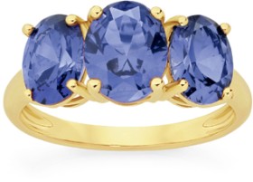 9ct-Gold-Created-Ceylon-Sapphire-Trilogy-Ring on sale