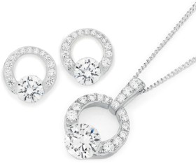 Sterling-Silver-Cubic-Zirconia-Circle-Earrings-Pendant-Set on sale