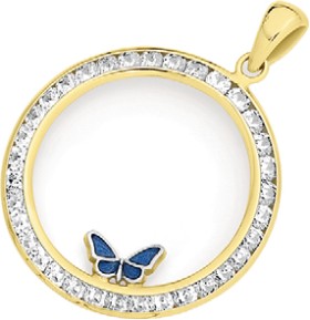 9ct-Gold-Cubic-Zirconia-Circle-with-Enamel-Butterfly-Pendant on sale