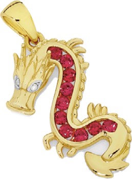 9ct-Gold-Created-Ruby-Diamond-Dragon-Pendant on sale