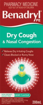 Benadryl-PE-Dry-Cough-Nasal-Decongestant-200mL on sale