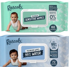 Rascals-Premium-Baby-Wipes-Sensitive-80-Pack-or-99-Water-72-Pack on sale