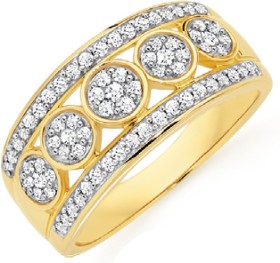 9ct+Gold+Diamond+Three+Row+Band