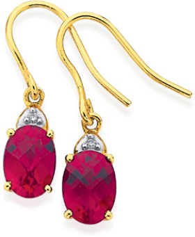 9ct+Gold+Created+Ruby+%26amp%3B+Diamond+Drop+Earrings